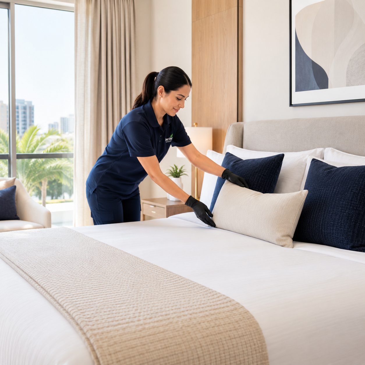 Airbnb Turnover service professional organizing a large bed