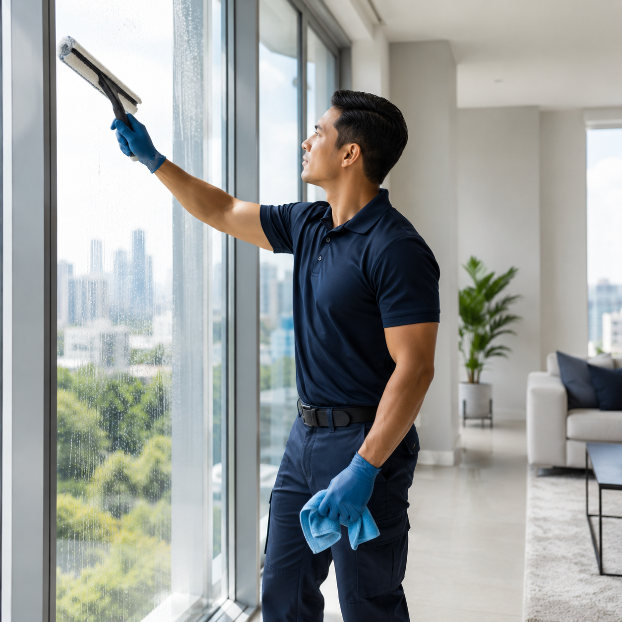 Deep Cleaning service man cleaning large windows